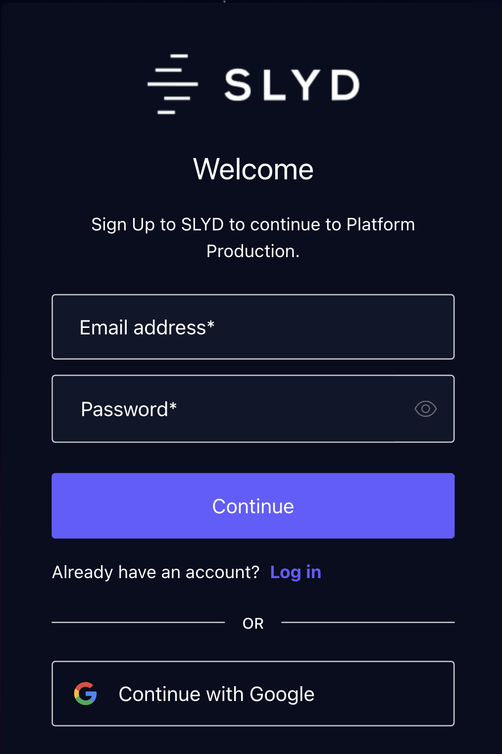 SLYD Sign Up Screen