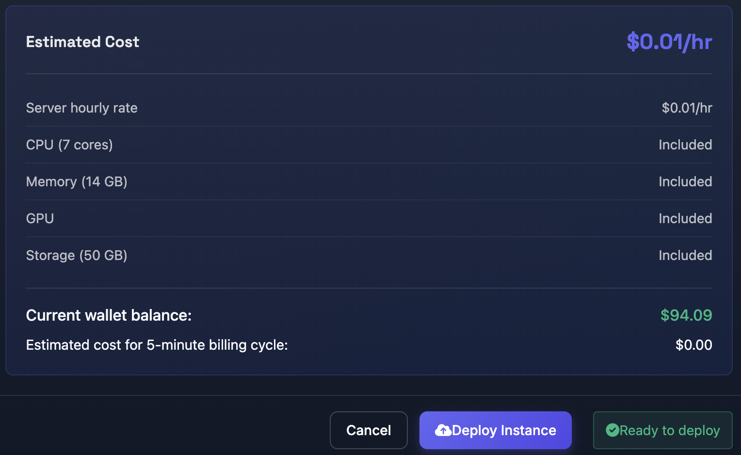 Deploy instance interface showing cost breakdown and deploy button