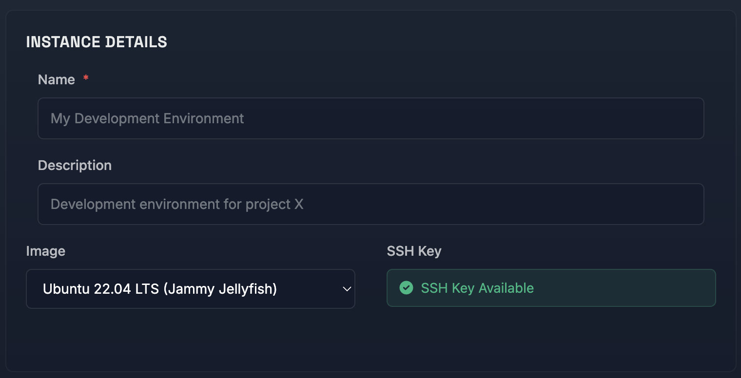 Instance details with SSH key already configured