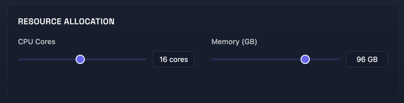 Resource allocation interface showing CPU and memory selection