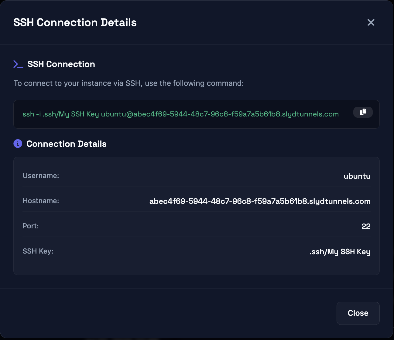 SSH connection details showing connection command
