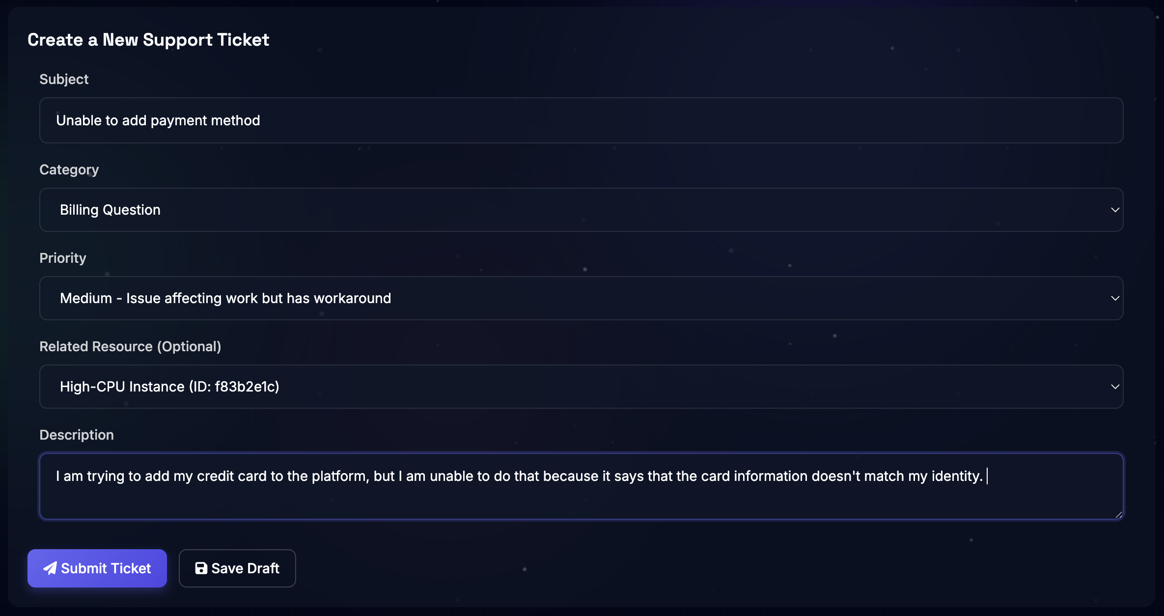 SLYD Create Support Ticket form with subject, category, priority, and description fields