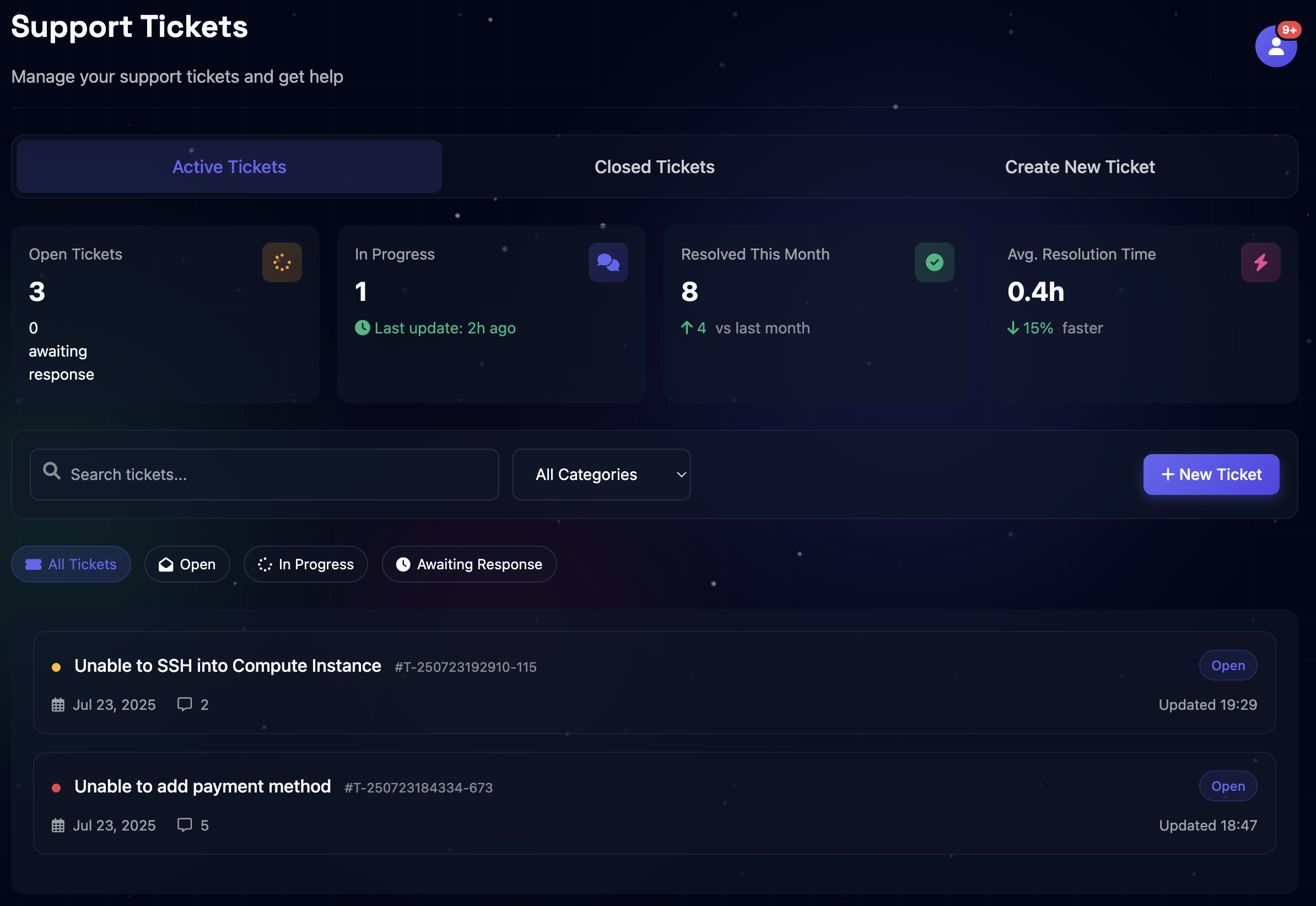 SLYD Support Ticket Dashboard showing ticket overview and management features