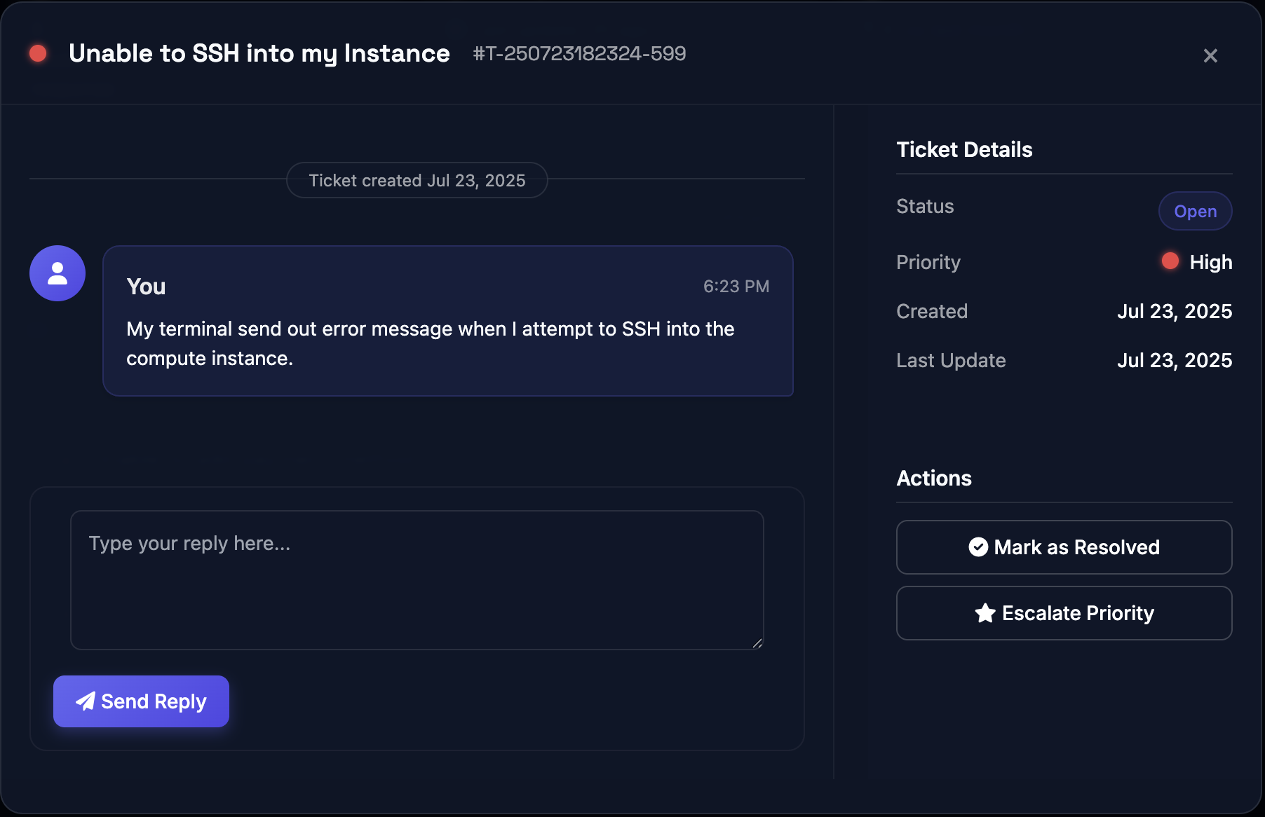 SLYD Support Ticket Detail page showing communication thread, status, and management actions
