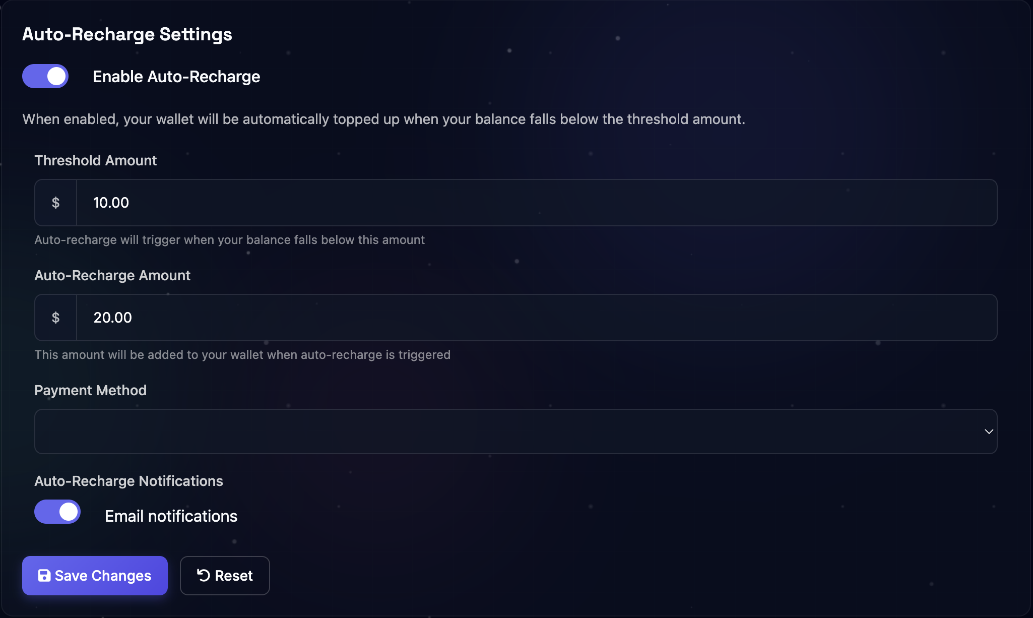 Auto-recharge configuration interface showing settings and options