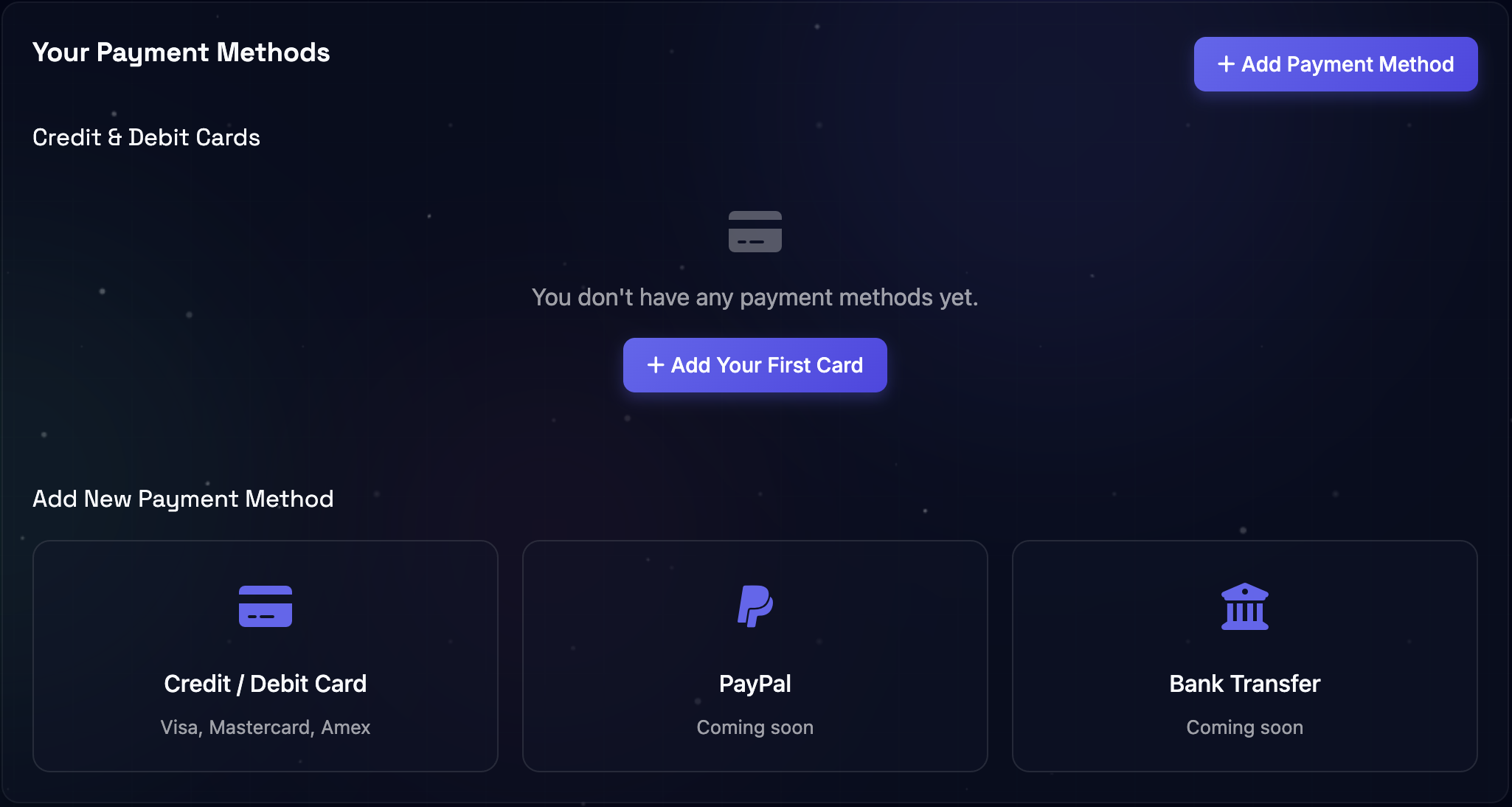 Payment methods dashboard showing available payment options and management interface