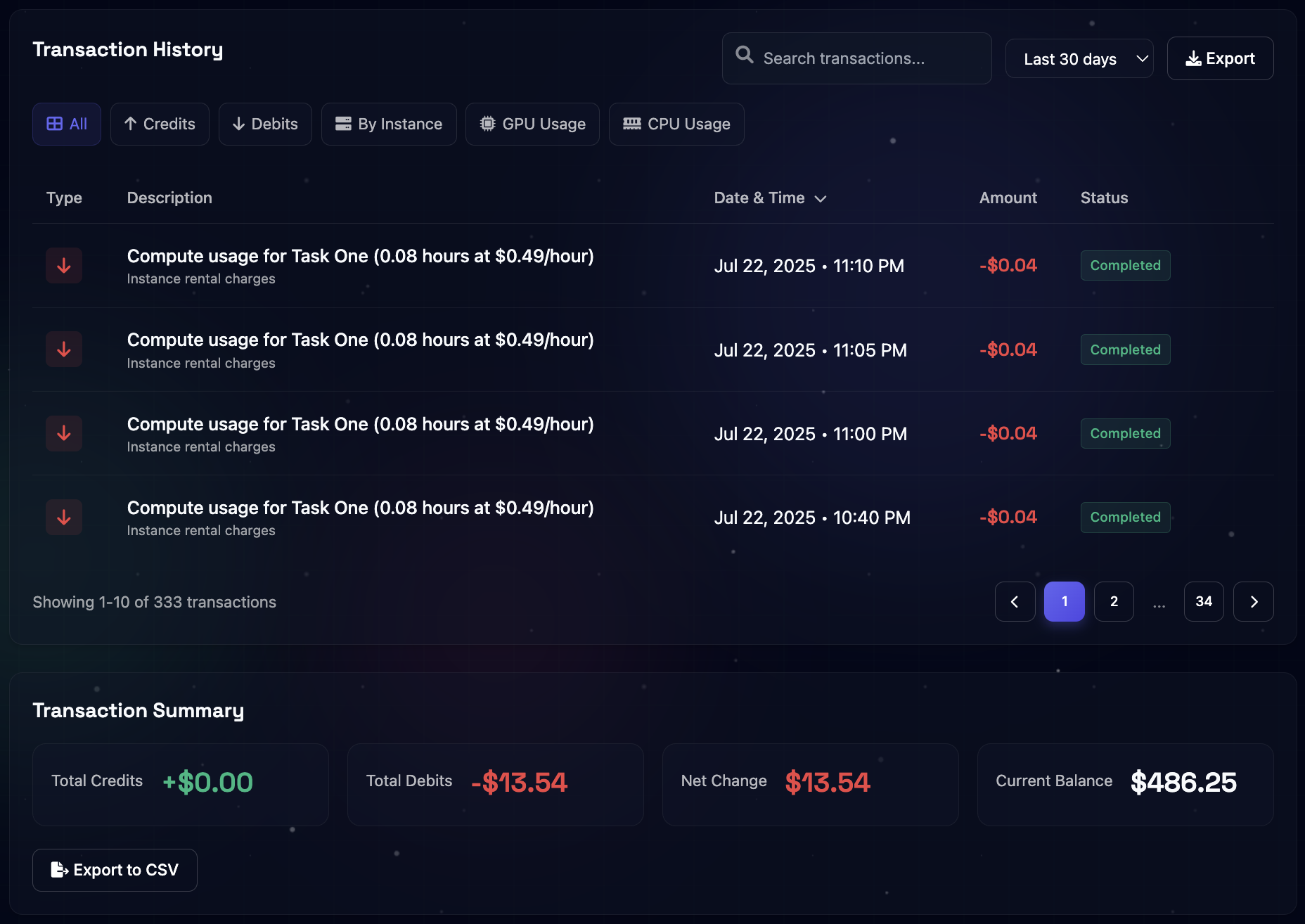 Transaction history interface showing filters, search, table, and summary features
