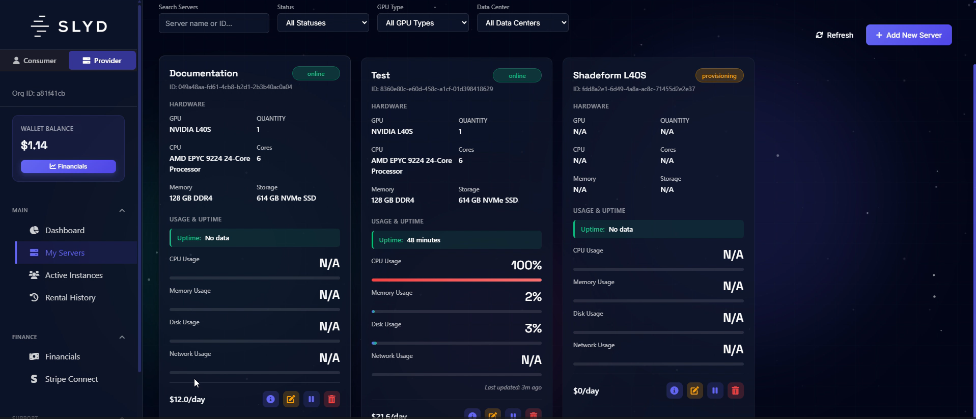 Deployed server dashboard
