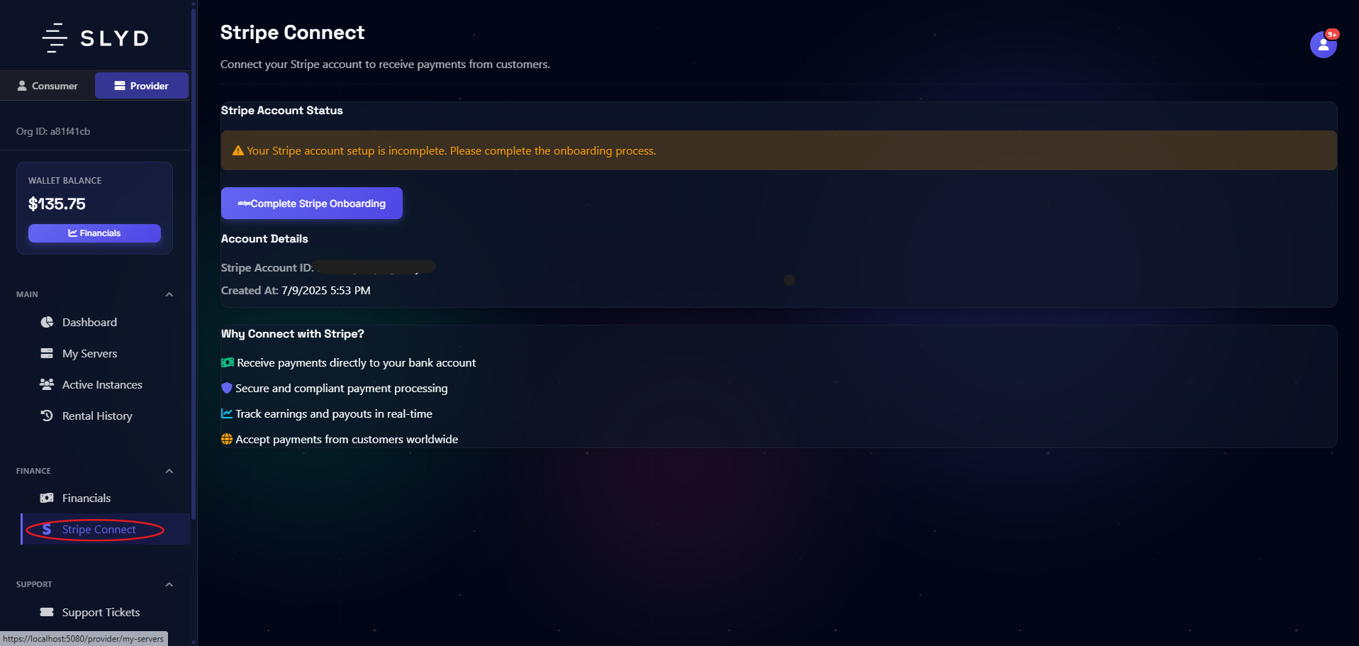 Provider dashboard's stripe connect page