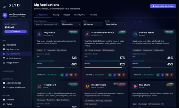 SLYD Application Marketplace displaying pre-configured AI models, development tools, and data science applications