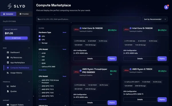 SLYD Compute Marketplace interface showing available GPU and CPU resources with transparent pricing
